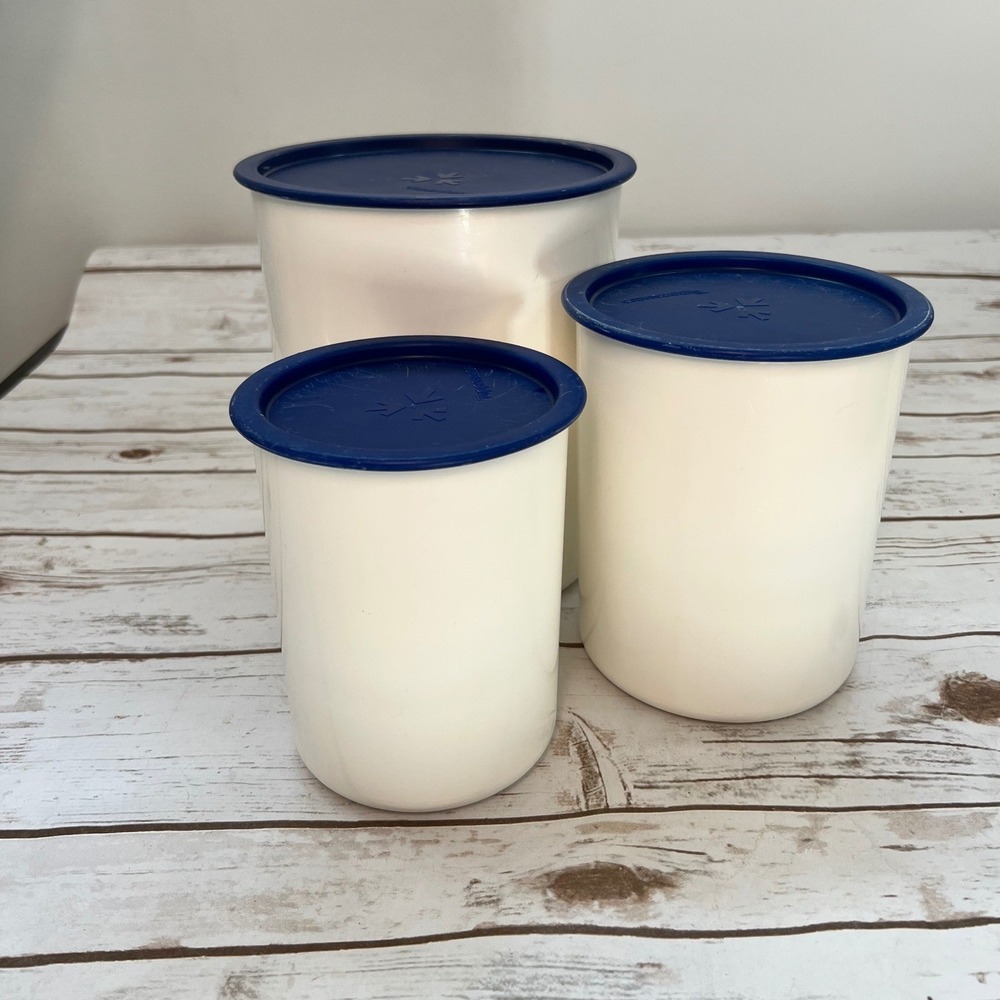Tupperware Canister Set White Navy Blue Vintage Airtight Storage 3pc Set
